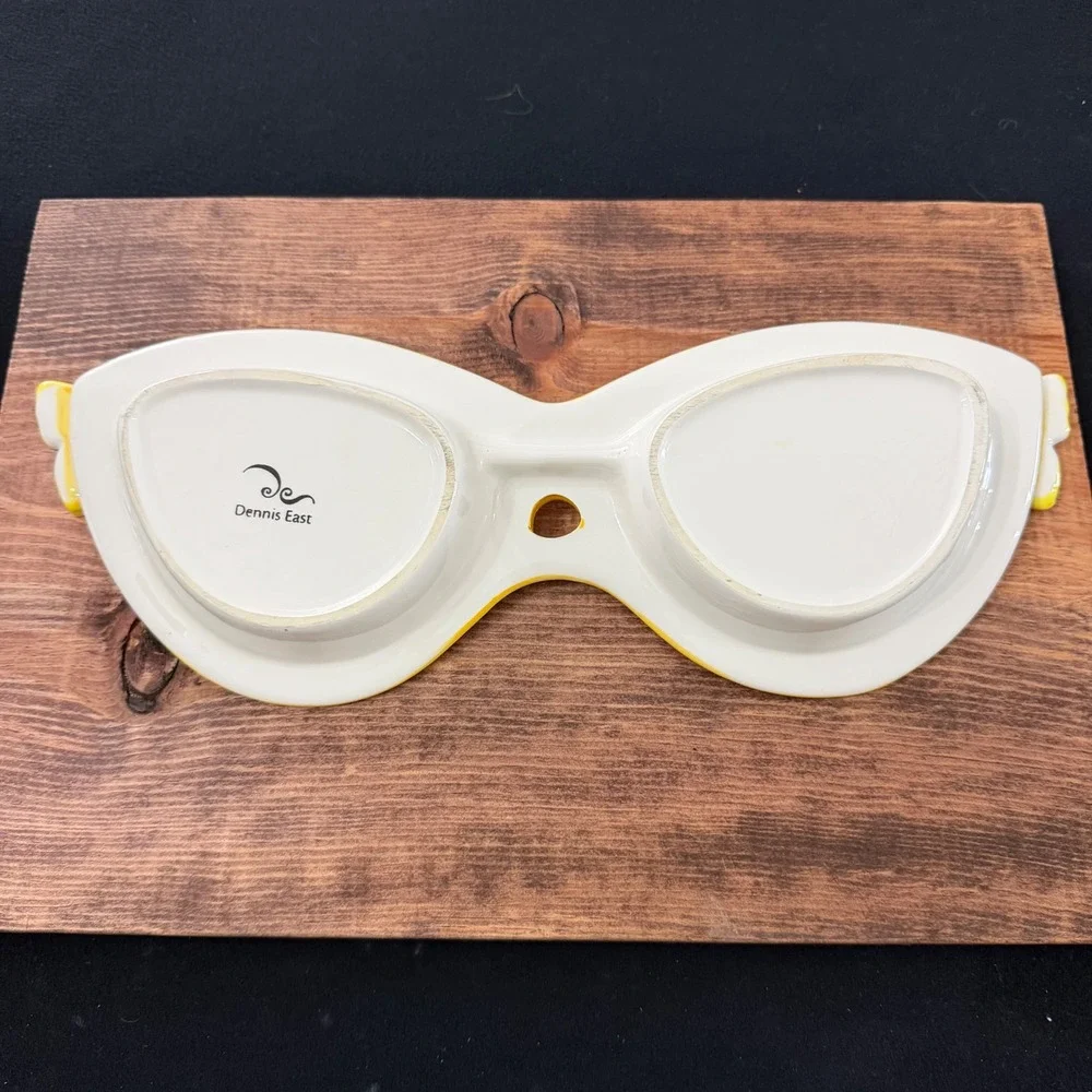 Dennis East Ceramic Sunglasses Divided Serving Dish Yellow Polka Dot Butterfly